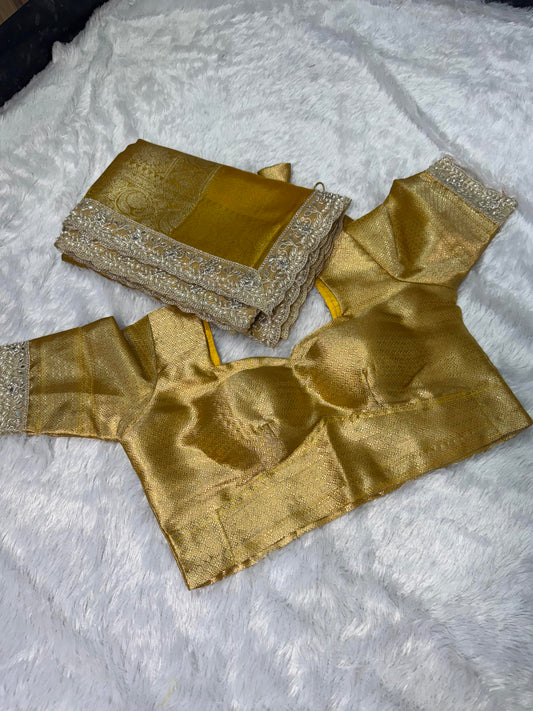 Golden Banarasi Maharani Tissue Silk Saree with Lace work