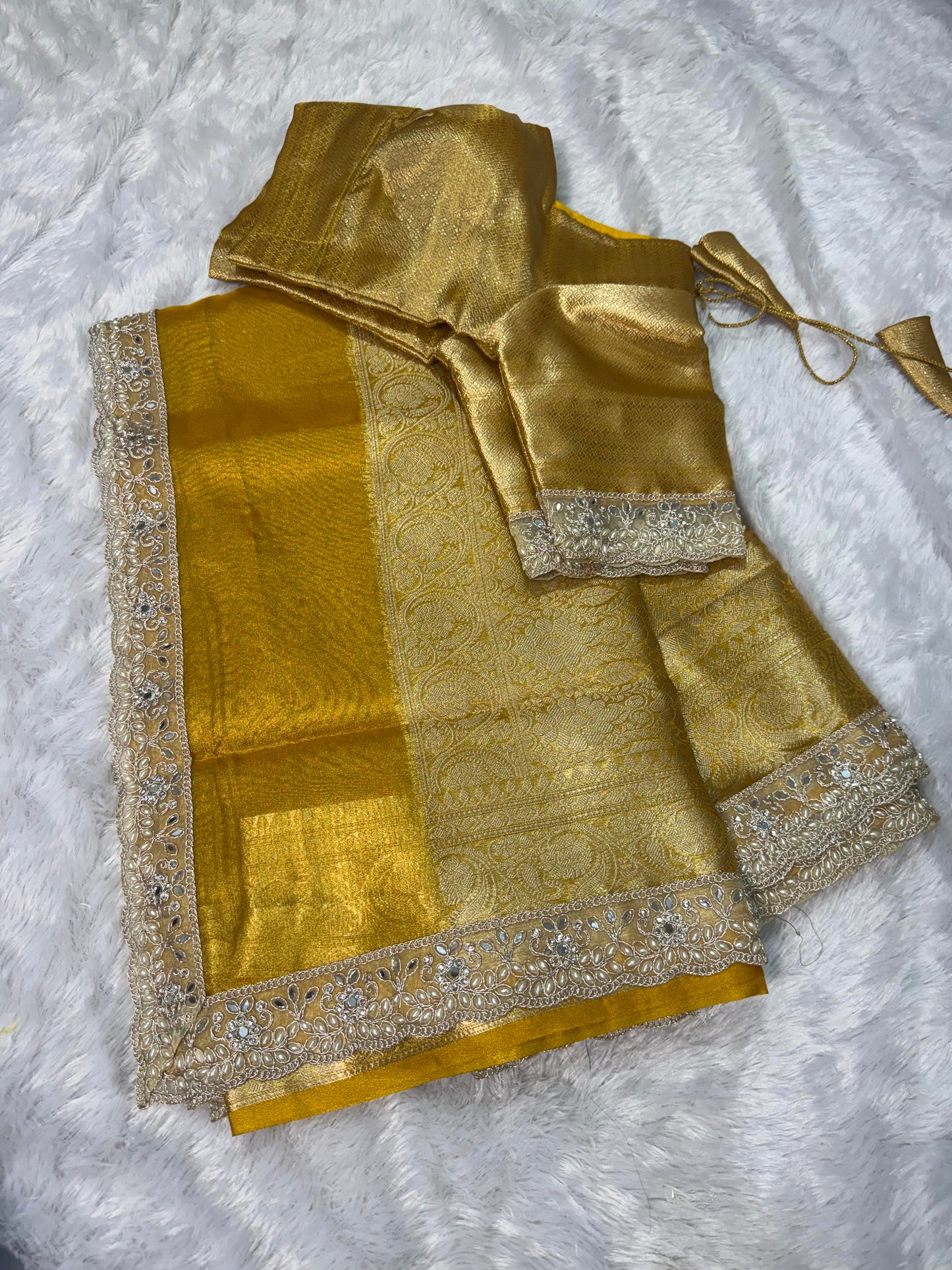 Golden Banarasi Maharani Tissue Silk Saree with Lace work