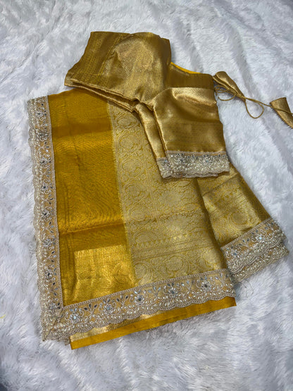 Golden Banarasi Maharani Tissue Silk Saree with Lace work