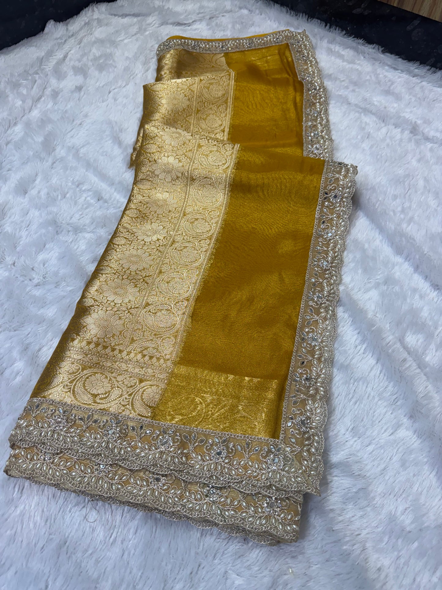 Golden Banarasi Maharani Tissue Silk Saree with Lace work
