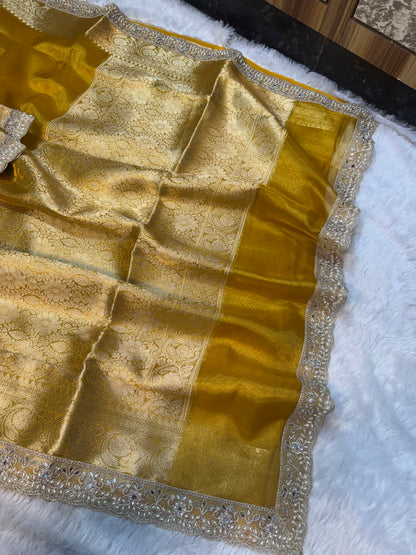 Golden Banarasi Maharani Tissue Silk Saree with Lace work