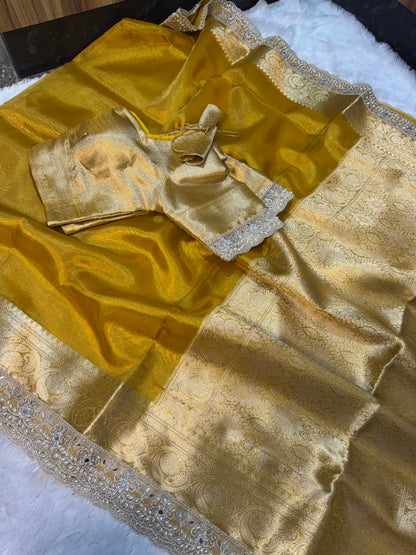 Golden Banarasi Maharani Tissue Silk Saree with Lace work