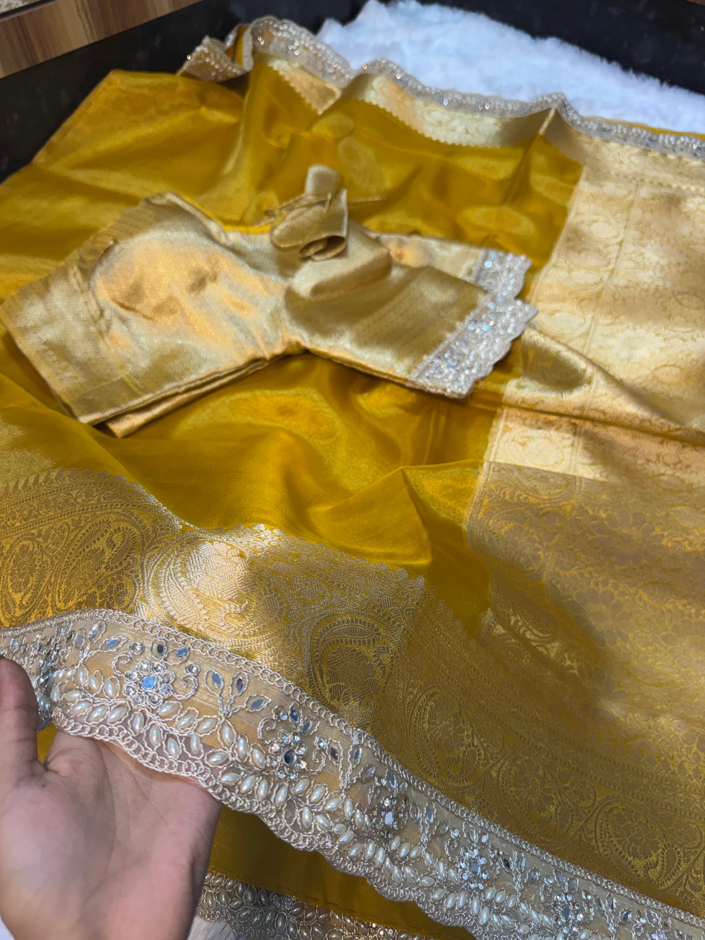 Golden Banarasi Maharani Tissue Silk Saree with Lace work
