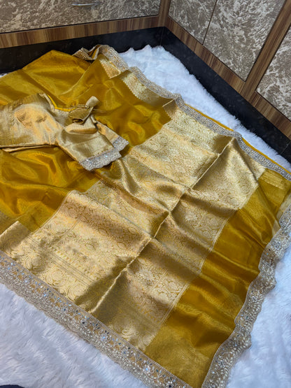 Golden Banarasi Maharani Tissue Silk Saree with Lace work