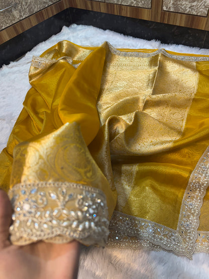 Golden Banarasi Maharani Tissue Silk Saree with Lace work
