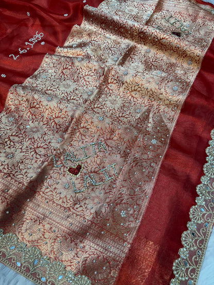 COUPLE NAME SPECIAL TISSUE SILK LACE WORK SAREE