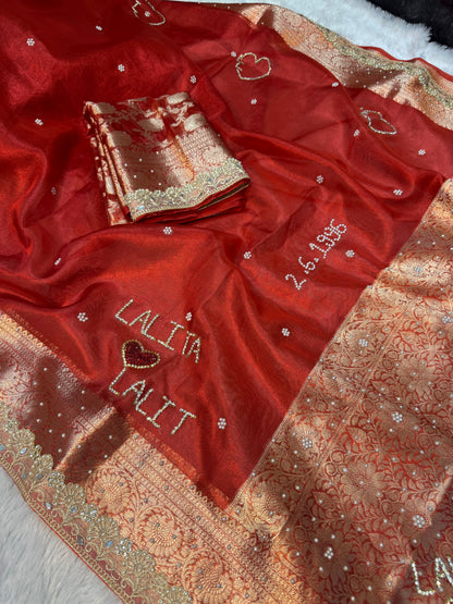 COUPLE NAME SPECIAL TISSUE SILK LACE WORK SAREE